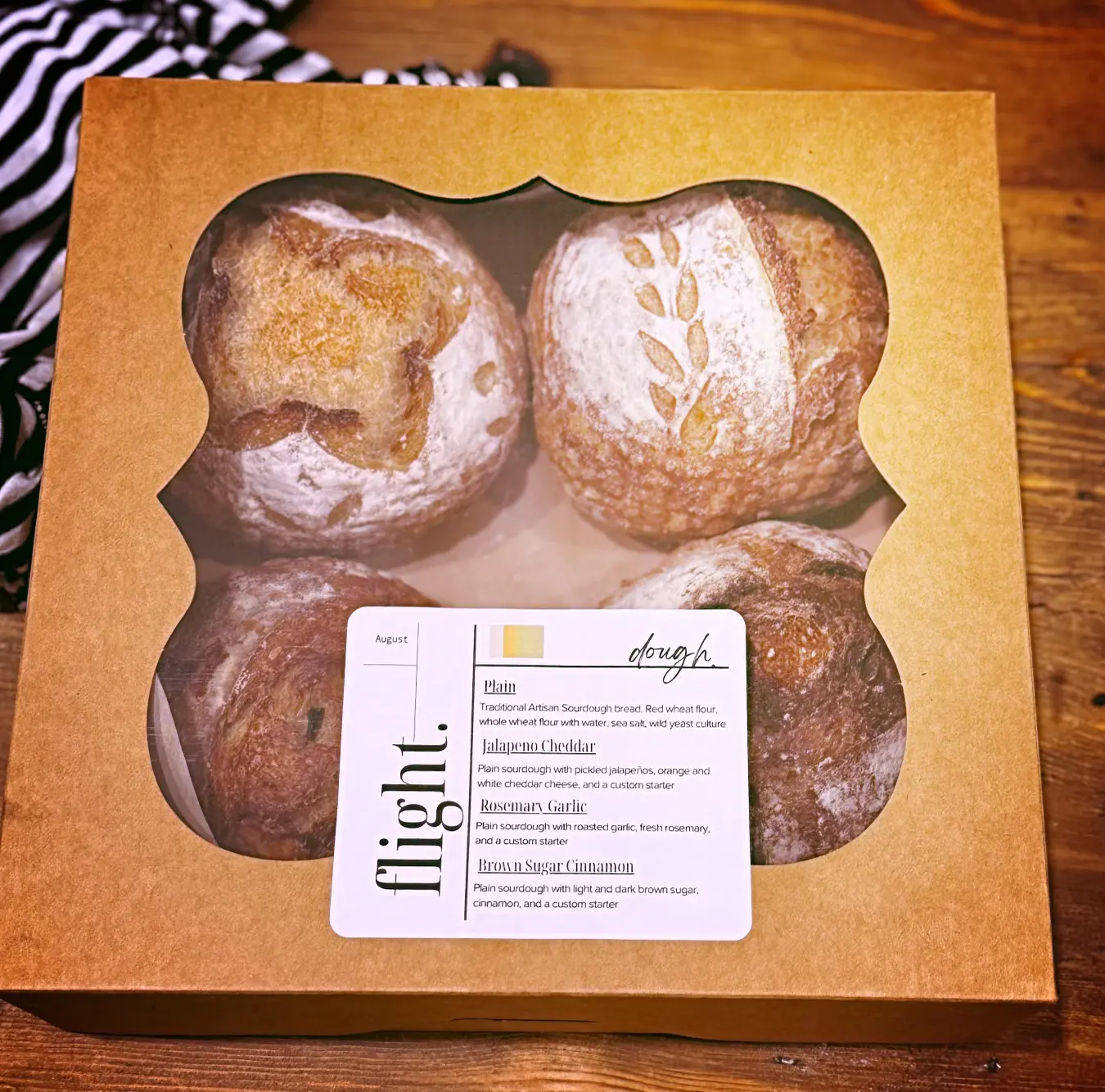 A four-pack of assorted sourdough loaves