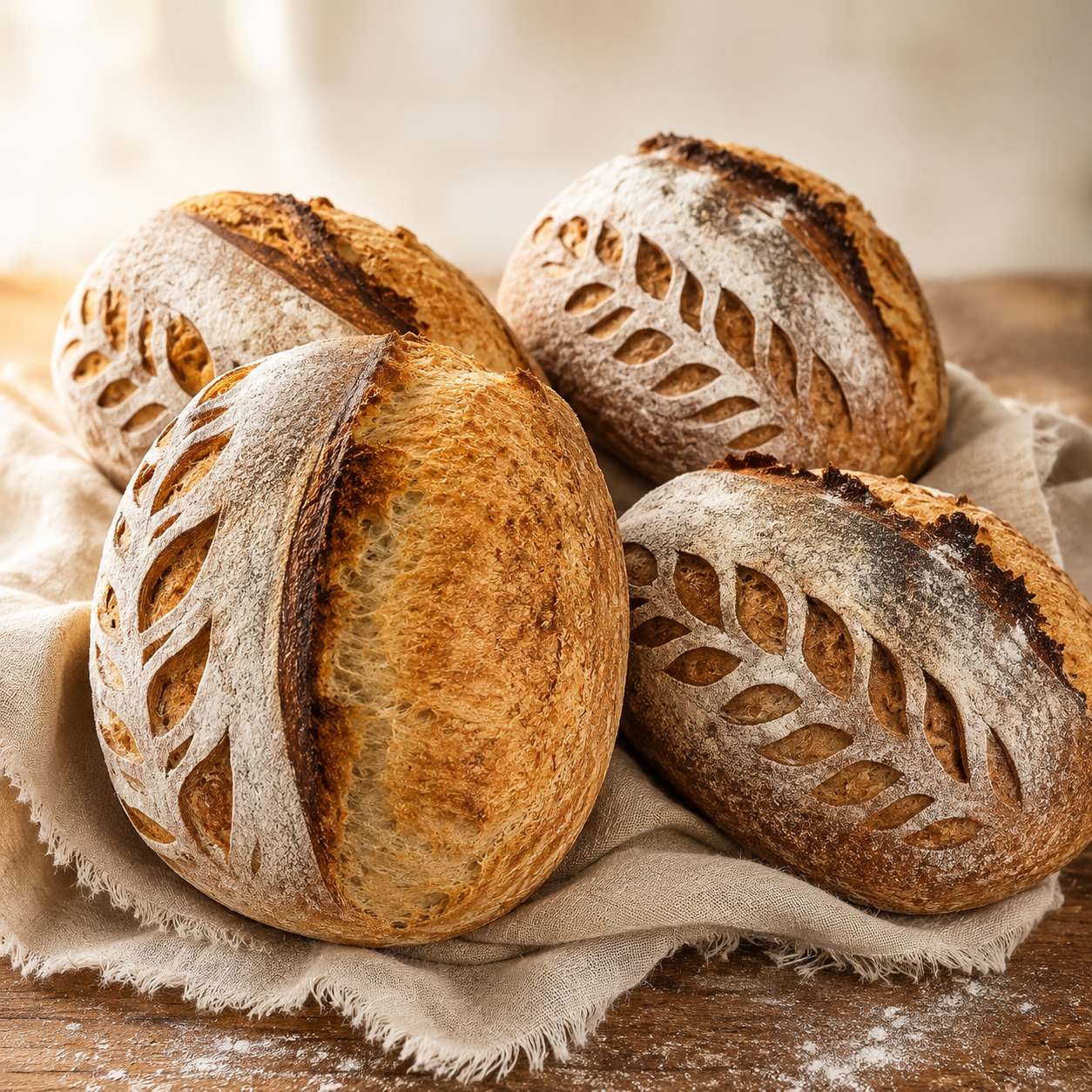 Four golden, hand-scored artisan sourdough loaves with leaf-pattern designs, resting on a linen cloth